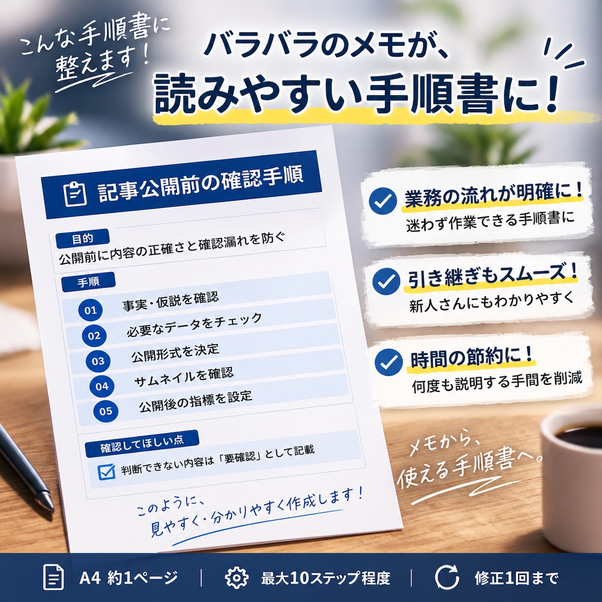メモ書きを業務手順書に整えます バラバラのメモを、読んで使える手順書1本に イメージ3