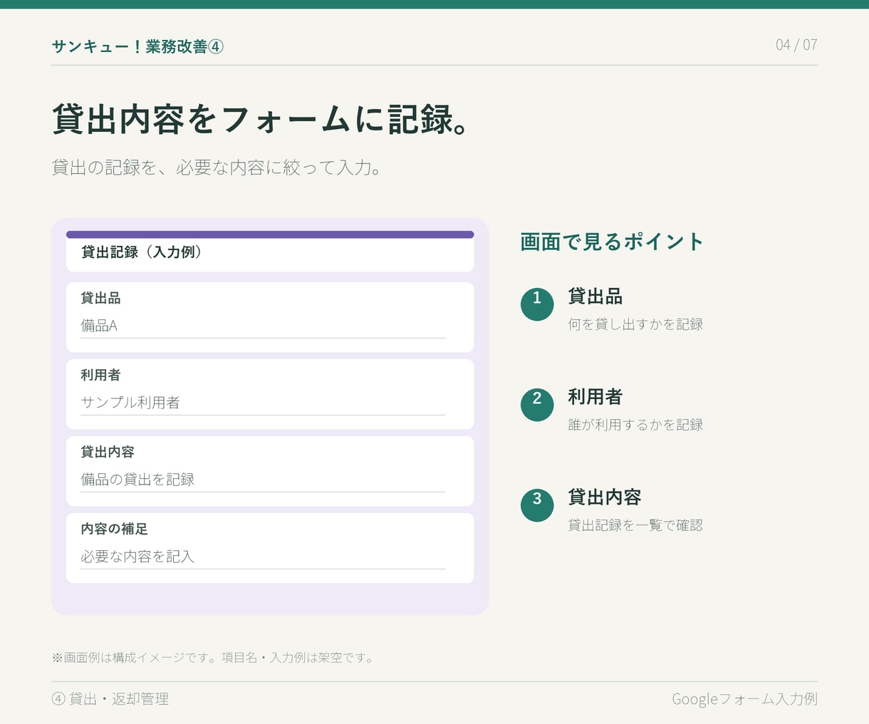 サンキュー業務改善④貸出返却を管理します 貸出をフォームで記録し、返却状況を一覧で確認できます。 イメージ5