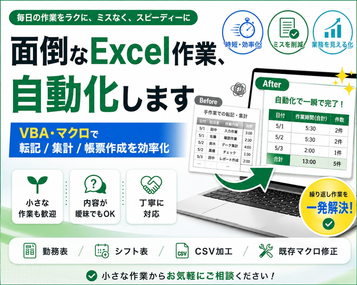 Excelマクロ・VBAで業務を自動化します 転記・集計・帳票作成を効率化します イメージ1
