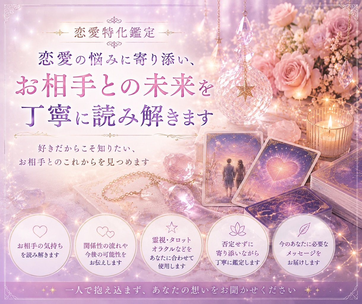 恋愛の悩みに寄り添い二人の気持ちを読み解きます 好きだからこそ知りたい、お相手とのこれからを見つめます イメージ1