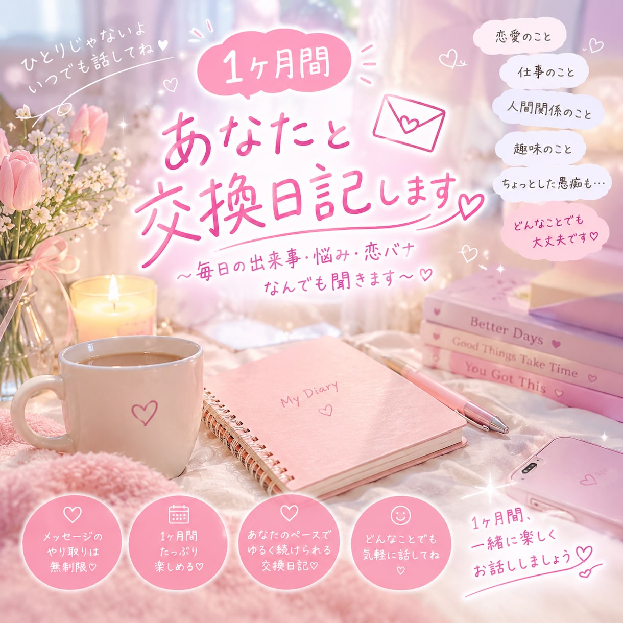 1ヶ月間 交換日記をしませんか？何でもお話聞きます 日常・恋愛・悩みなど何でもお話聞きます♩ イメージ1