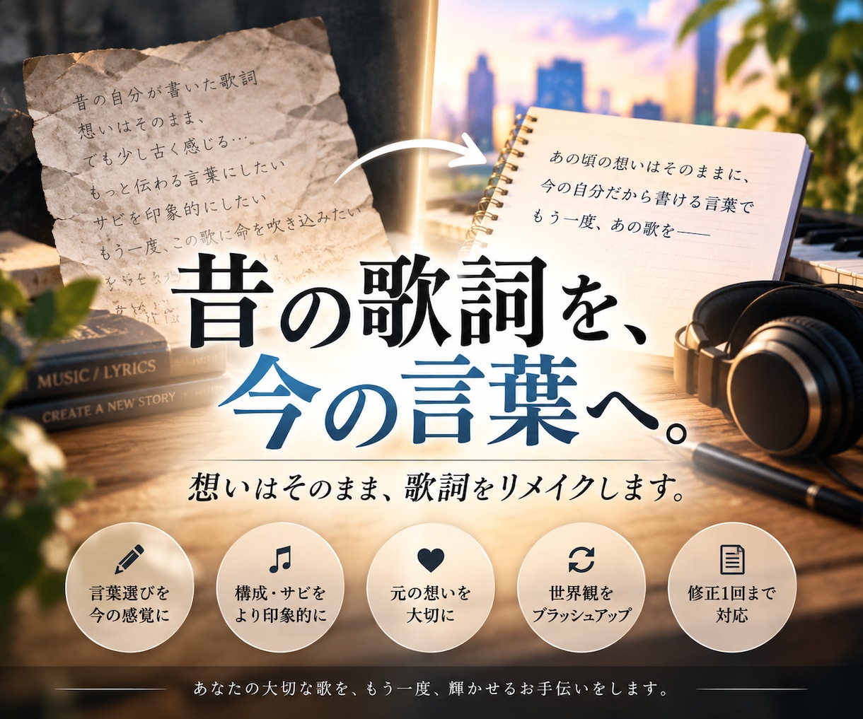 昔書いた歌詞を今の感覚にリメイクします 想いはそのまま、言葉・構成・サビを今の感覚へ イメージ1