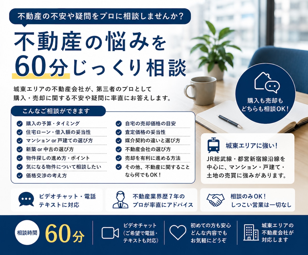不動産の購入・売却をプロに60分相談できます 営業なし。あなたの疑問や不安に城東エリアのプロが答えます。 イメージ1