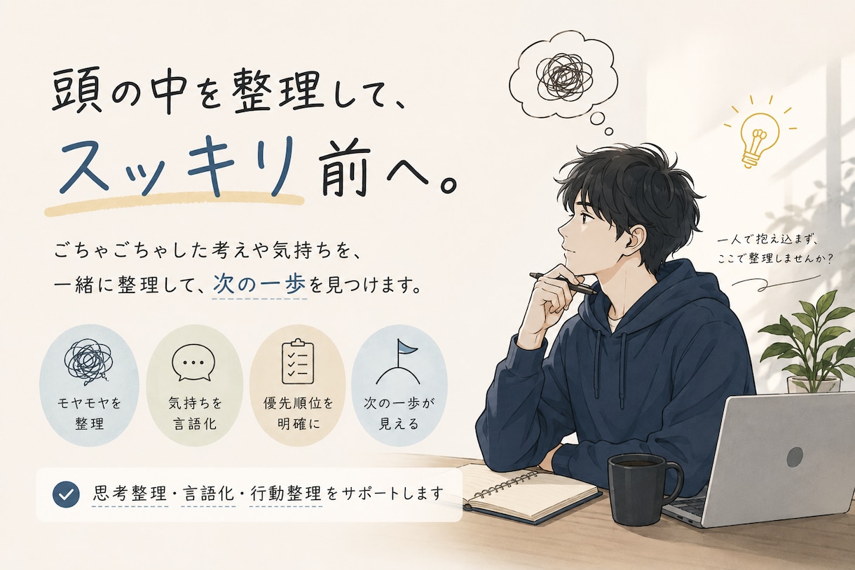 モヤモヤを整理し言葉にして次の一歩を決めます ただ聞くだけで終わらない、チャットで考えを整理する相談です イメージ2