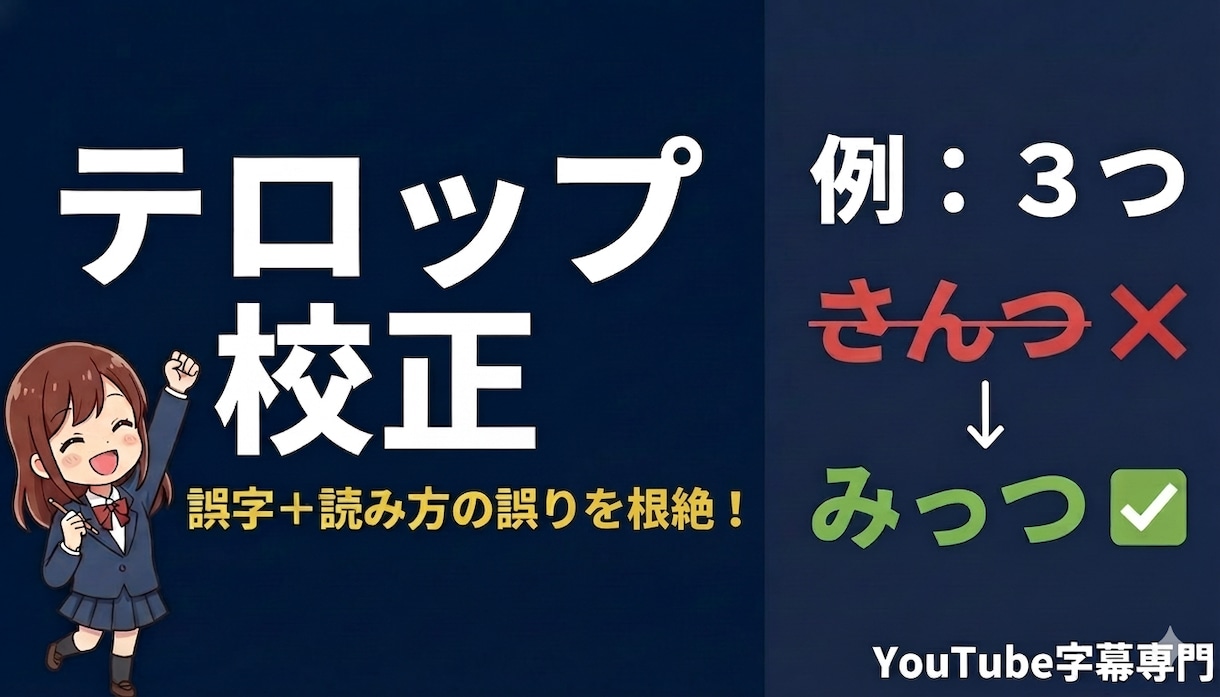 YouTube動画テロップを誤字などチェックします 「さんつ」「いちにん」などの読み誤りを正します イメージ1
