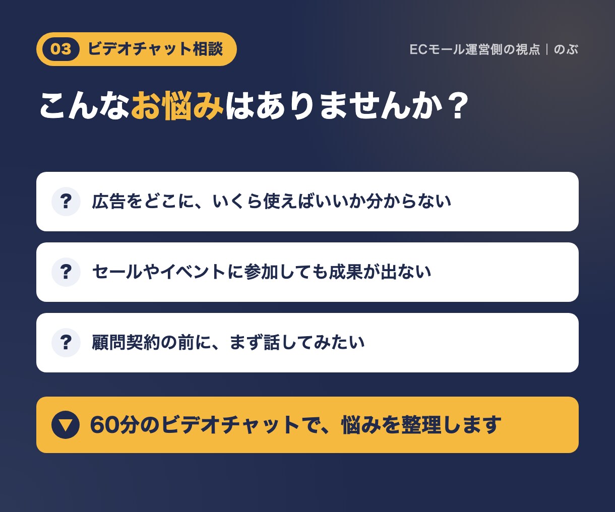EC売上の伸び悩みをビデオチャットで相談に乗ります 広告・セール・商品ページの悩みを60分で整理します イメージ2