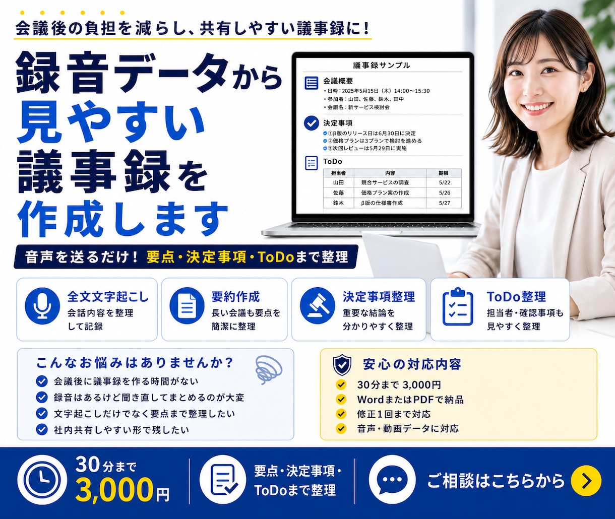 録音データから見やすい議事録を作成します 音声を送るだけ。要点・決定事項・ToDoまで整理 イメージ1