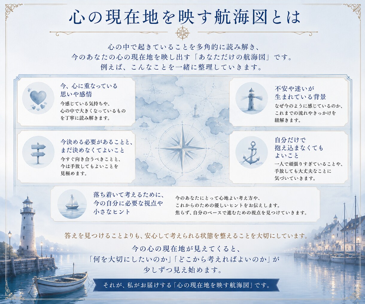 心の整理・不安｜心の現在地を映す航海図を届けます 何に悩んでいるのか、まだ言葉にならなくても大丈夫。 イメージ4