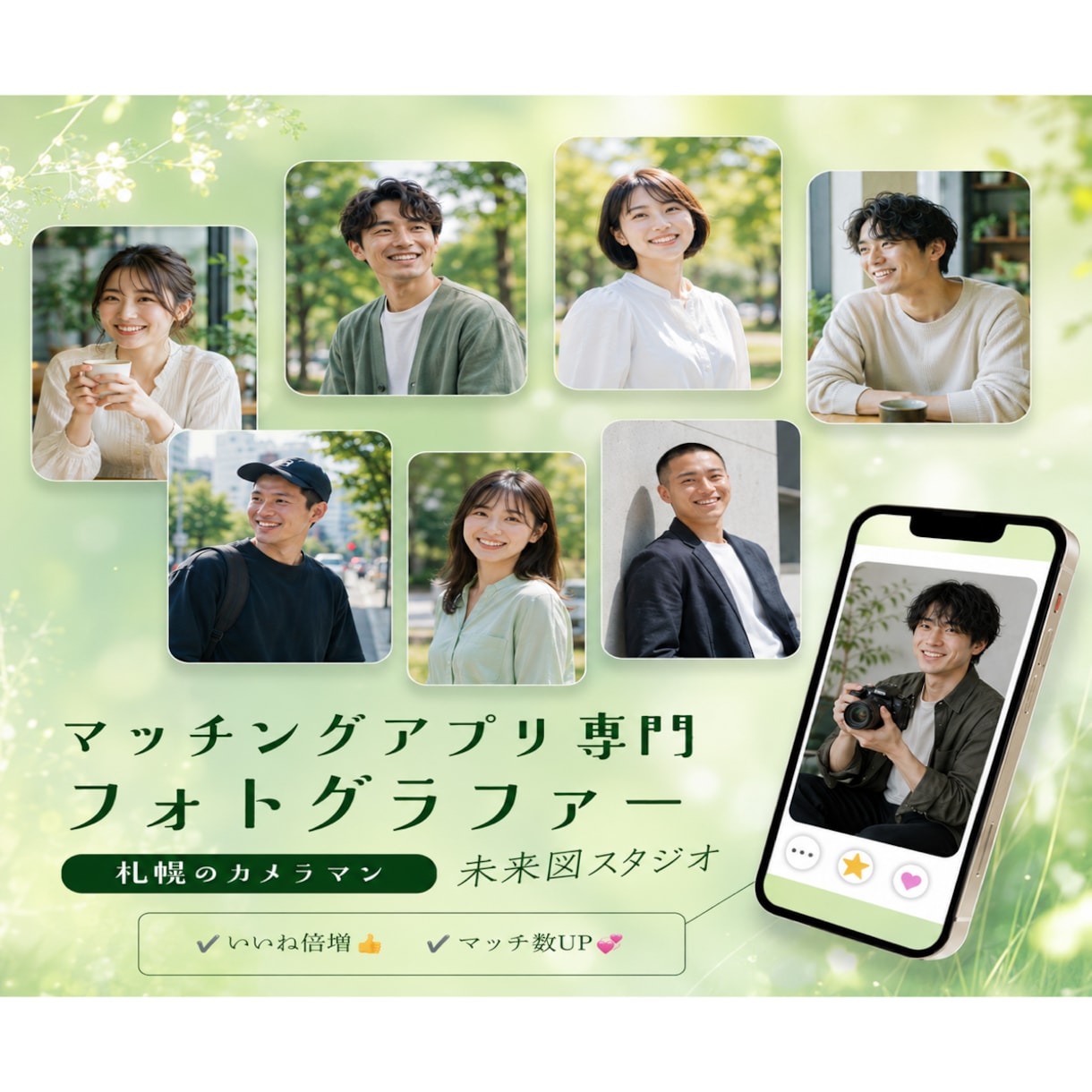 マッチングアプリで異性から選ばれる写真を撮影します 「札幌」いいね！ゼロ脱却。異性から会いたいと思われる1枚に イメージ1