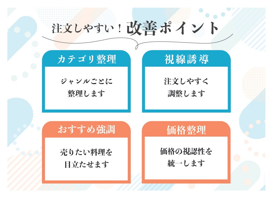 飲食店メニューを注文しやすく｜読みやすく改善します 値上げで崩れたメニューの整理にも対応しています。 イメージ3