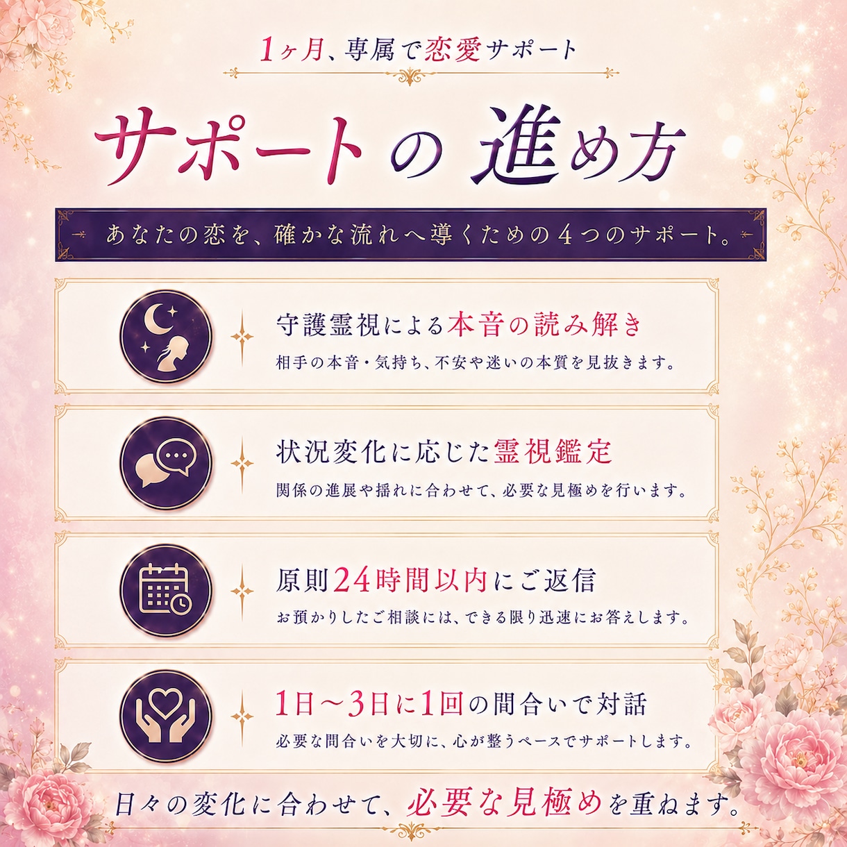 1ヶ月、複雑な恋愛を専属で霊視サポートします 不倫・復縁・片思い・音信不通｜相手の本音と進む道を見守ります イメージ4
