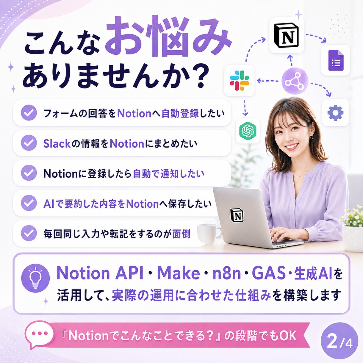 Notionの入力・管理業務を自動化します Slack・フォーム・AIなどと連携して手作業を減らします イメージ2