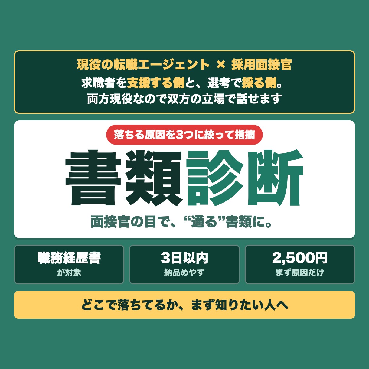 職務経歴書の落ちる原因を現役目線で3つ診断します 累計500名を見た現役が、落ちてる理由を3つに絞り指摘 イメージ1