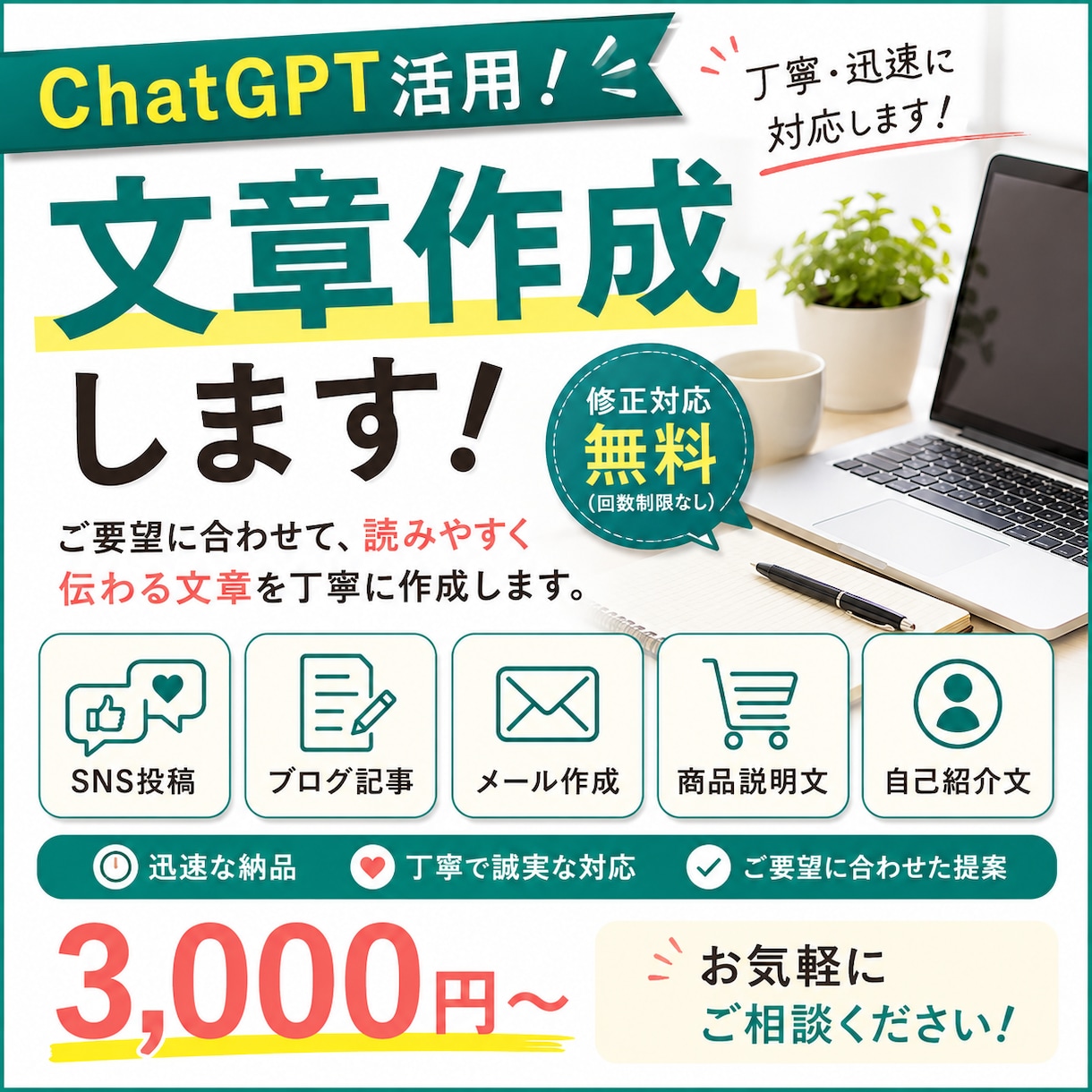 ChatGPTを活用して文章を作成します SNS投稿・ブログ記事など、文章を作成・リライトします。 イメージ1