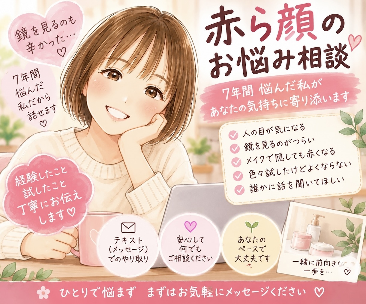 赤ら顔で悩むあなたのお話を聞きます 7年間悩んだ私が実体験をもとに寄り添います イメージ1