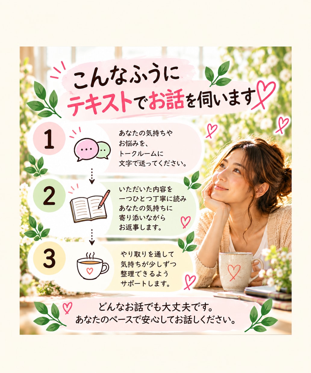誰にも言えない話、ゆっくり聞きますます 話すだけでも心が少し軽くなる時間です イメージ2