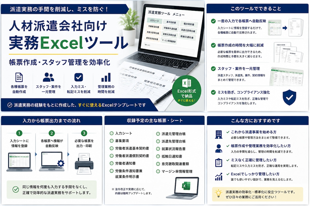 人材派遣会社向け実務Excelツールを提供します 派遣実務で使う帳票・管理業務をExcelで効率化 イメージ1