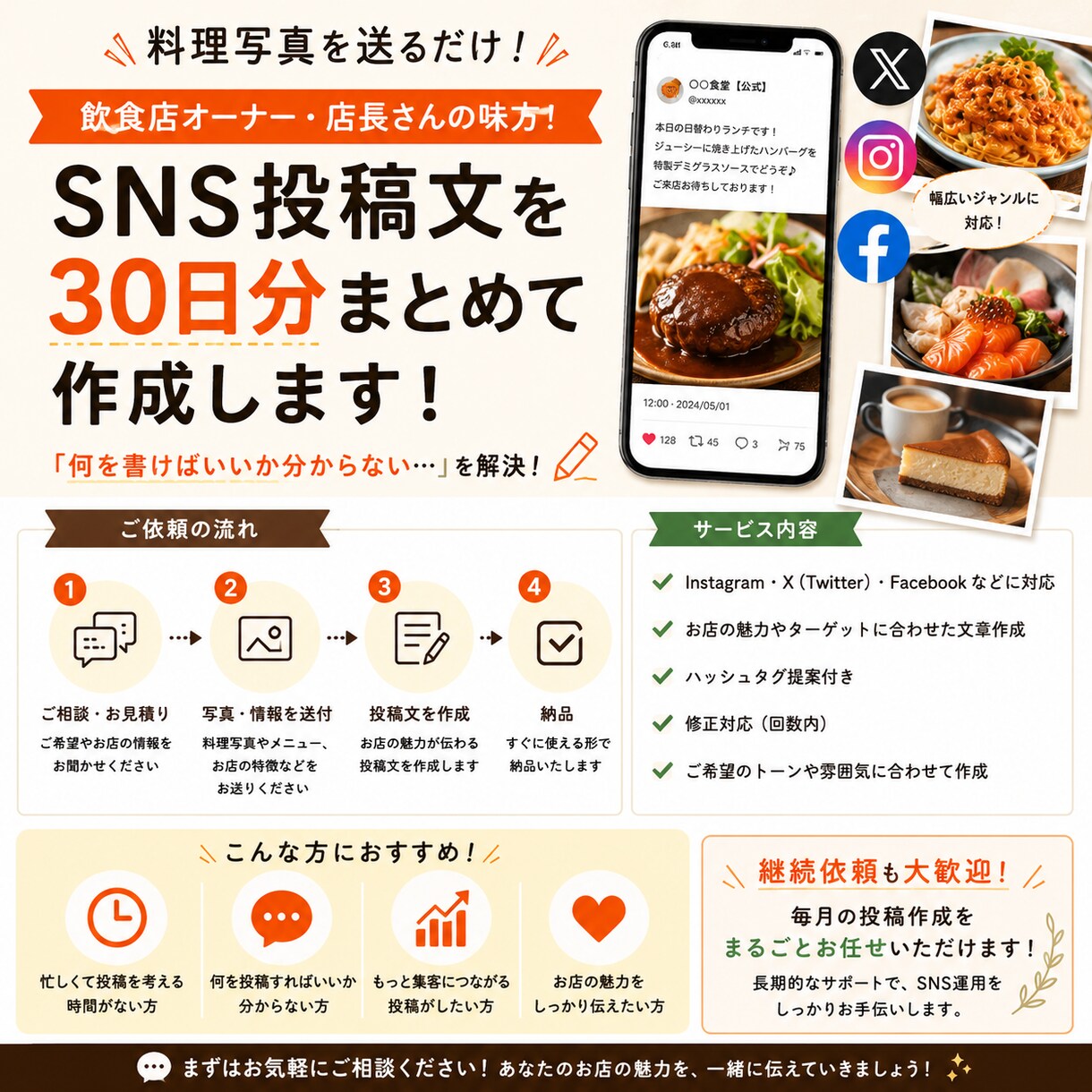 写真を送るだけ！SNSの投稿文を30日分作成します 「本日も営業です」しか書けない店長さんへ。お手伝いします イメージ1