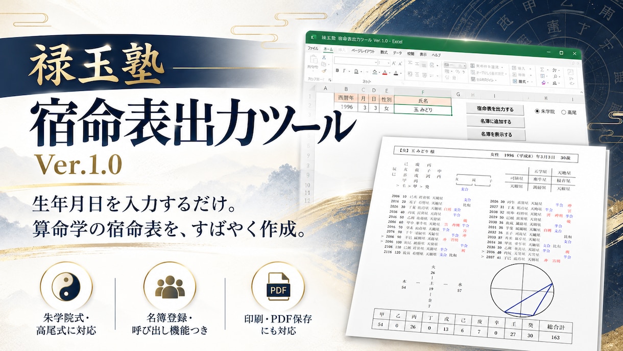 算命学の宿命表を簡単に作成できますます 朱学院式・高尾式対応のExcelツールです イメージ4