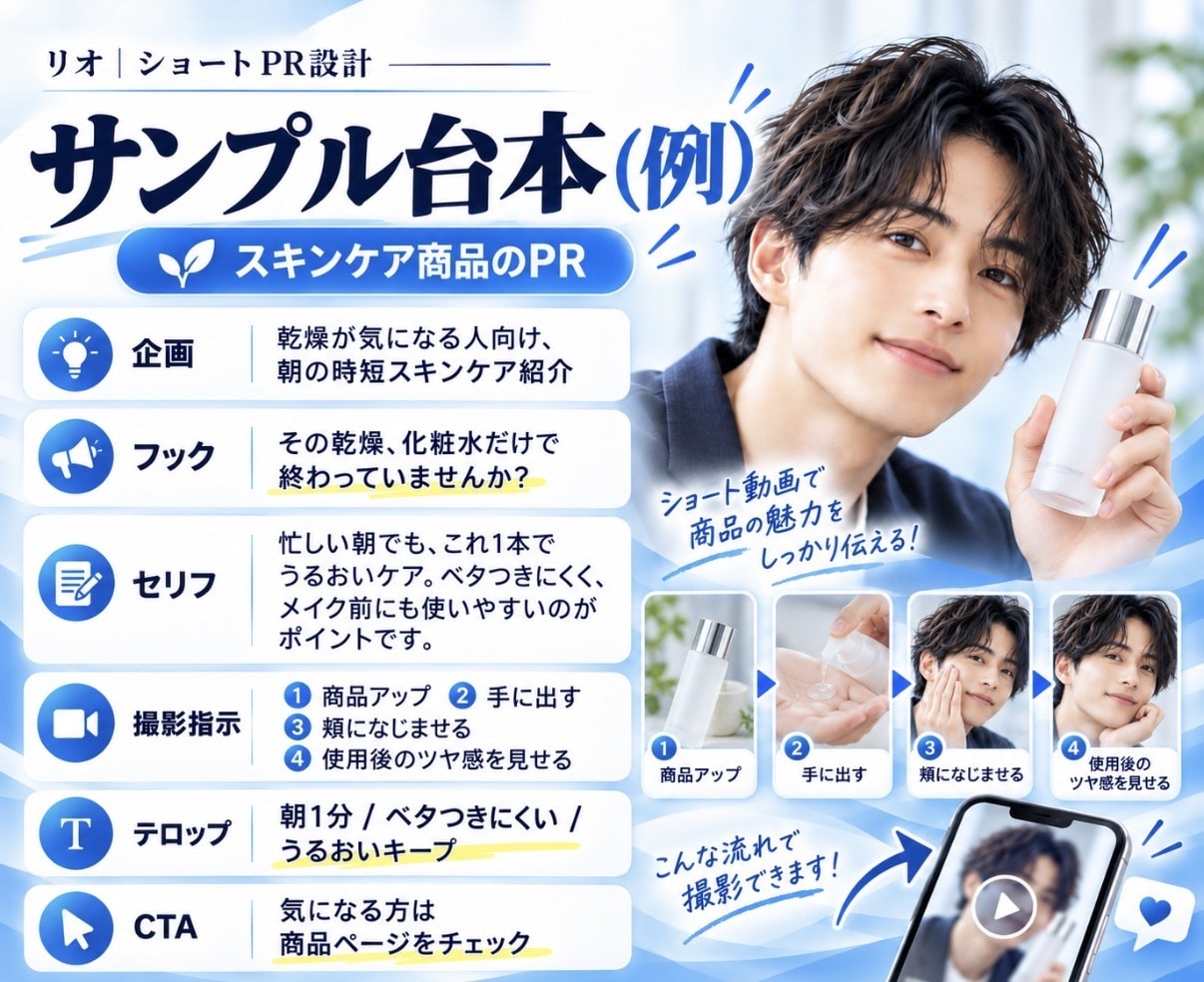 TikTok等のショート動画台本を3本作ります 美容・恋愛・若者向けに強い｜企画・フック・撮影指示まで イメージ4