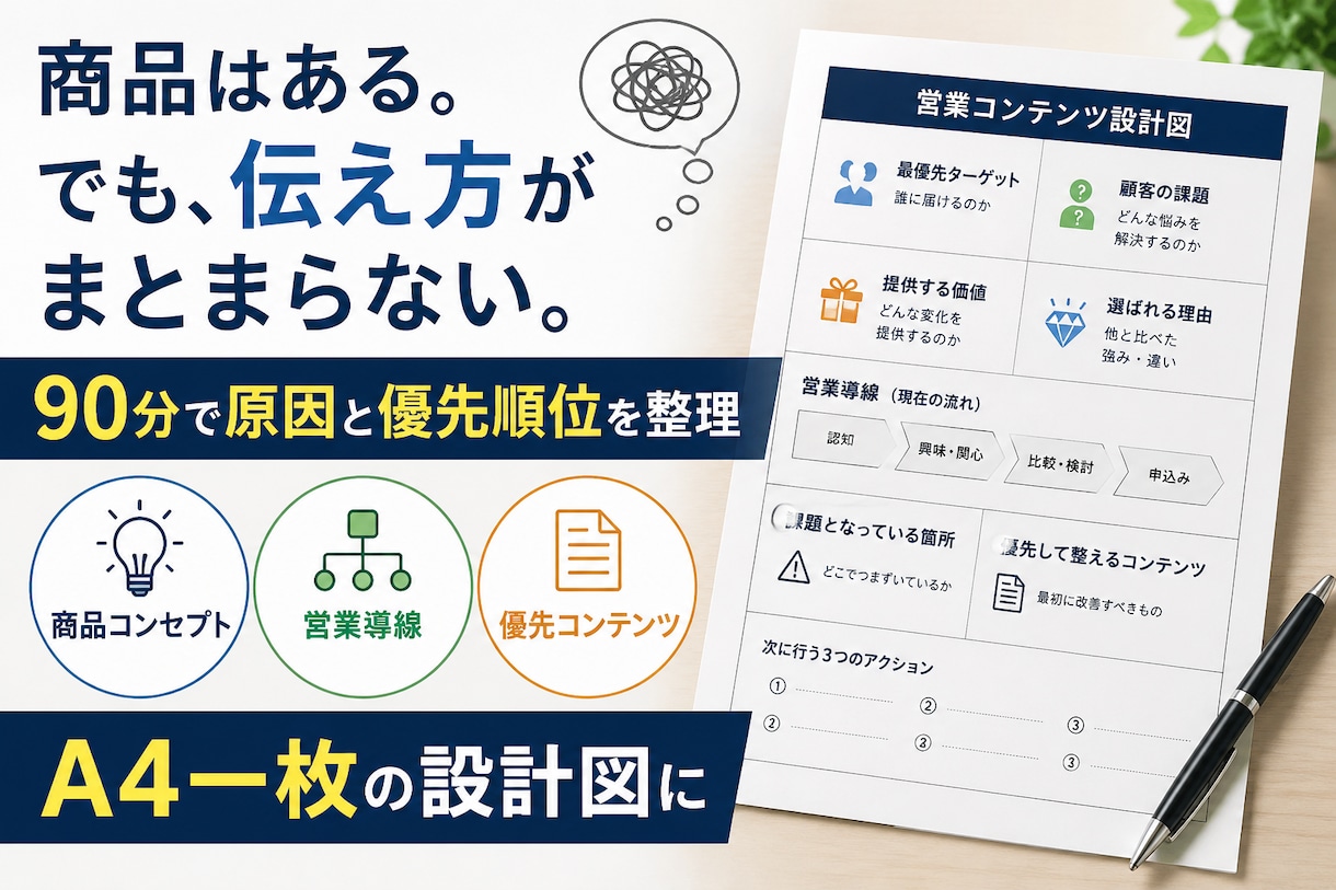 商品コンセプトと営業導線を90分で整理します 講師・コーチ・コンサル向け｜A4設計図を3日で納品 イメージ1
