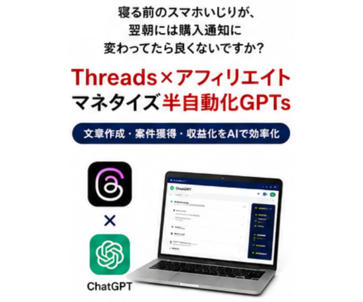AIで9割自動化！Threads副業教えます 寝る前のスマホが翌朝には購入通知に変わる イメージ1