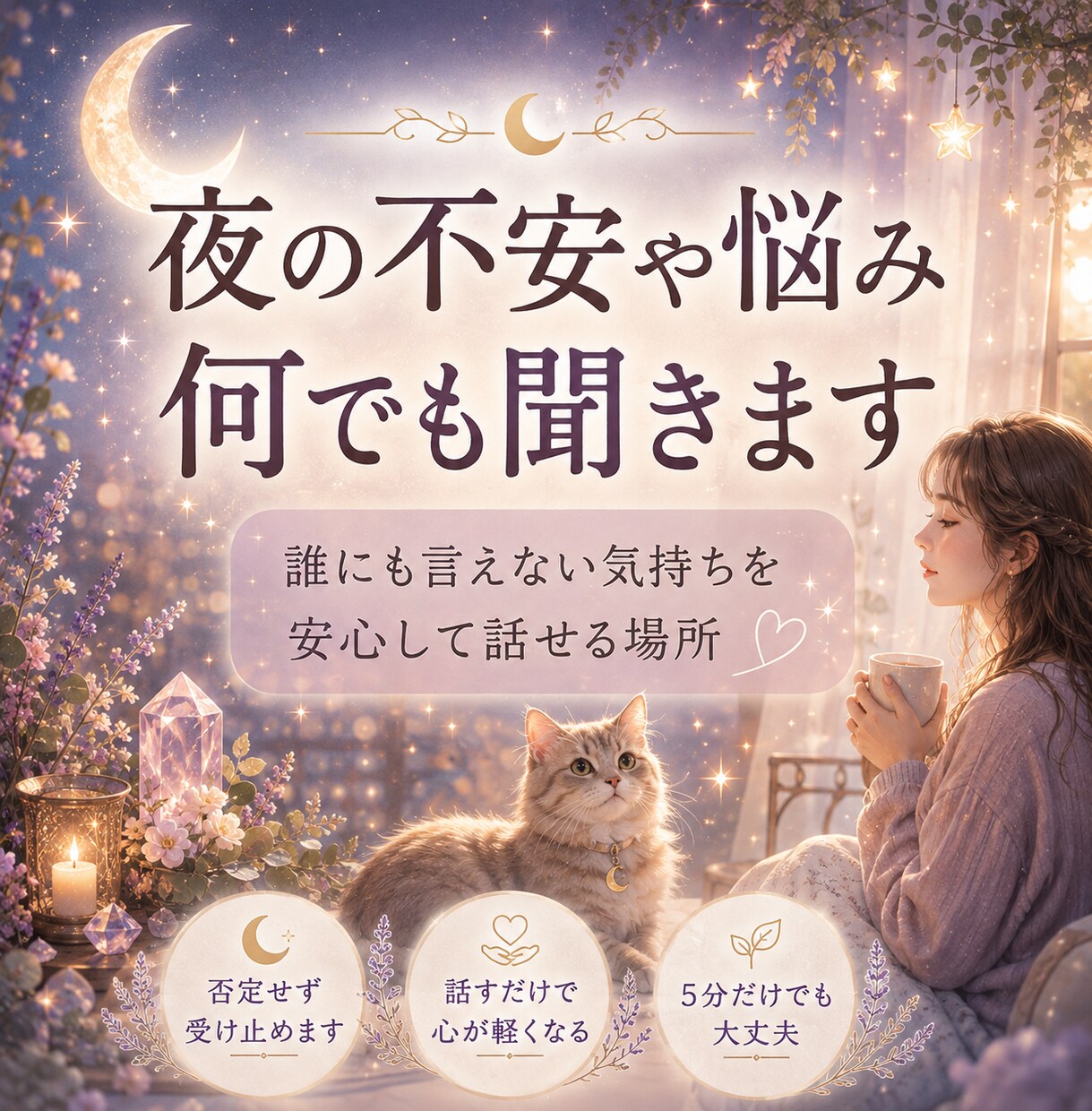 眠れない夜の不安や悩み・愚痴を優しくお聞きします 誰にも言えない本音もOK｜5分でも否定せずお聴きします イメージ1