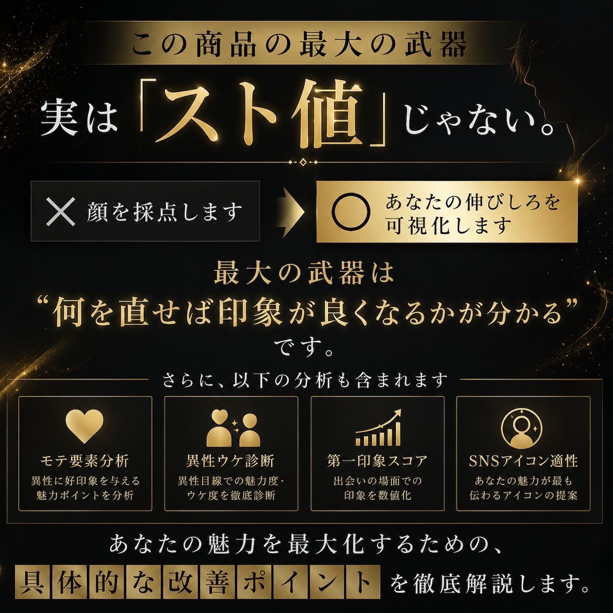 顔写真１枚AI顔面偏差値・スト値・改善点診断します 自分では気づけない第一印象を、見える化。 イメージ2