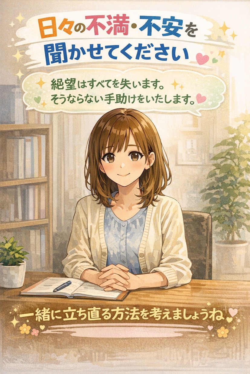 日々の不満や不安をお聞かせ願います 絶望はすべてを失います。そうならない手助けをいたします。 イメージ1