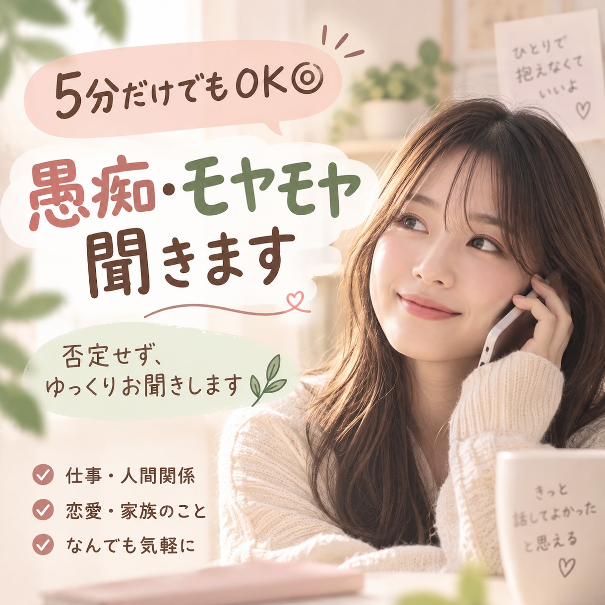 20代女性が誰にも言えない悩みお聞きします 5分だけでもOK◎気軽に何でも話してください イメージ1