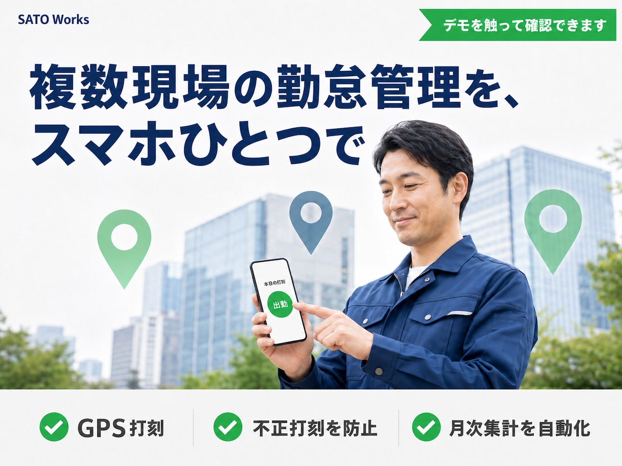 清掃・派遣業向け｜GPS対応の勤怠管理を導入します 現場に着かないと打刻できない。複数現場の勤怠をスマホで完結！ イメージ1