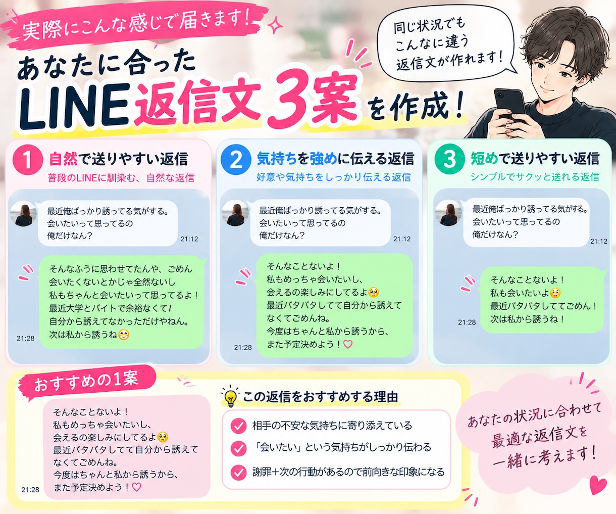 男性目線で恋愛LINEの返信文を3案作ります 「彼氏彼女・好きな人への返信を20代男性目線で一緒に考えます イメージ2