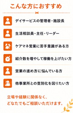 ケアマネ営業のお悩みを現役管理者がサポートします 紹介につながる営業の考え方を一緒に整理します イメージ6