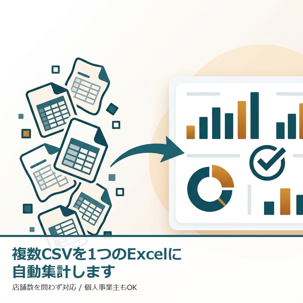 複数CSVを1つのExcelに自動集計します 個人事業主〜複数店舗まで、期間を自由に絞り込めます イメージ1