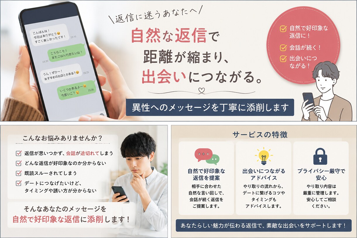 マッチングした異性へのメッセージを自然に添削します 返信がきやすい会話の流れ、初回デートまでの流れを提供します！ イメージ1