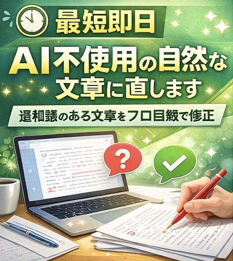 最短即日｜AI不使用の自然な文章に直します 違和感のある文章をプロ目線で修正 イメージ1