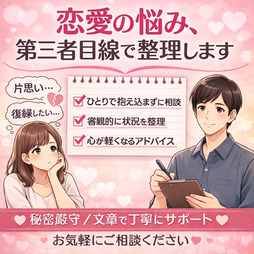 恋愛の悩み、第三者目線で整理します 片思い・復縁・不安を文章で丁寧に相談可 イメージ1