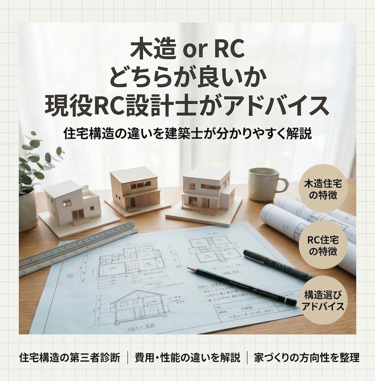 木造・RCどちらが良いかRC設計士がアドバイスます 木造かRCか、あなたの家に合う構造を診断 イメージ1