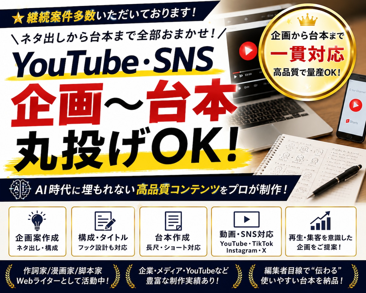 丸投げOK！企画〜台本までプロが高品質で制作します YouTube・SNS等に！AI時代に埋もれないコンテンツ◎ イメージ1