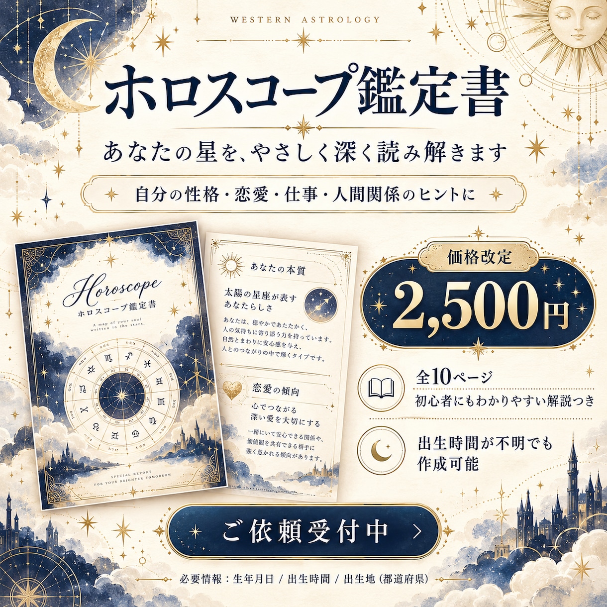 全10ページのホロスコープ鑑定書を作成します 自己分析・本質・恋愛・才能を紐解く、あなただけの取扱説明書 イメージ1