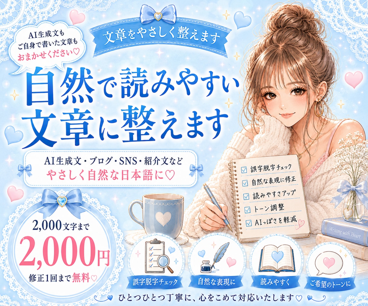 不自然な文章を読みやすく整えます AI文章・ブログ・SNS・紹介文を自然な日本語に♡ イメージ1