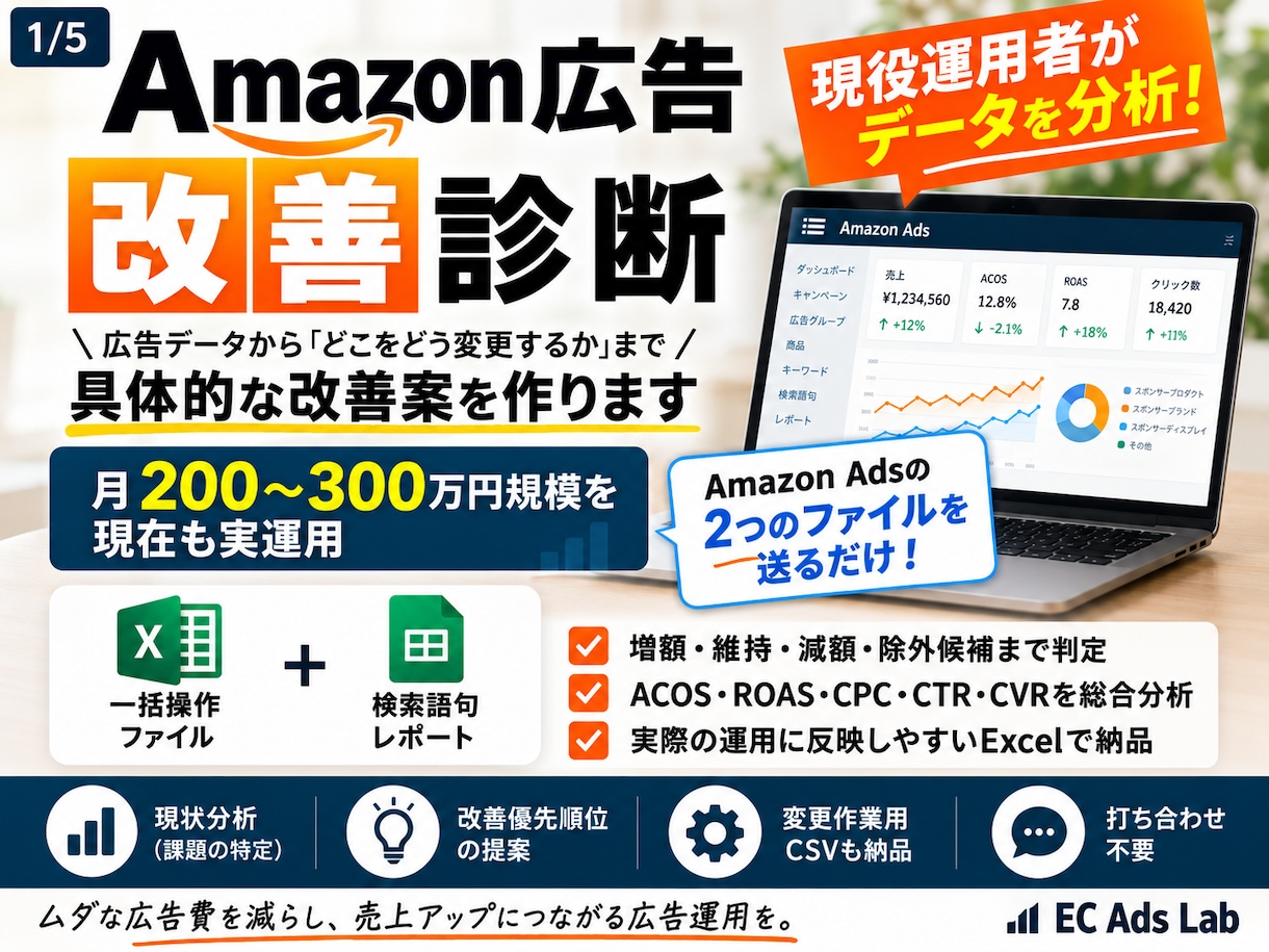 Amazon広告を分析し改善案を作ります 月200〜300万円規模を実運用。具体的な改善案まで提示 イメージ1