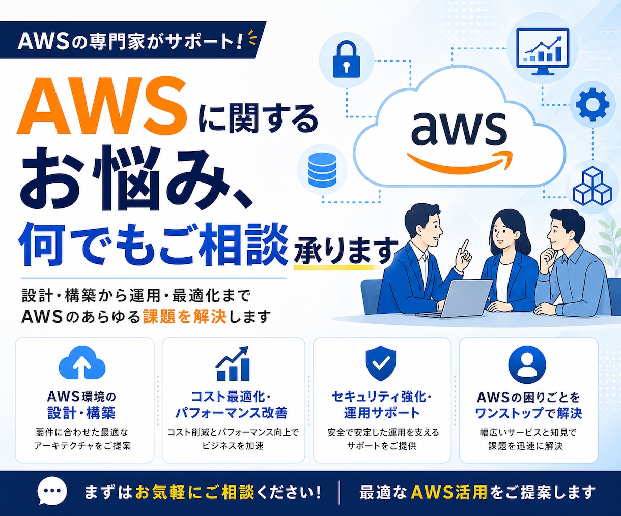 AWSに関するお悩み、何でもご相談承ります 設計・構築・運用までトータルサポート！気軽にご相談ください。 イメージ1
