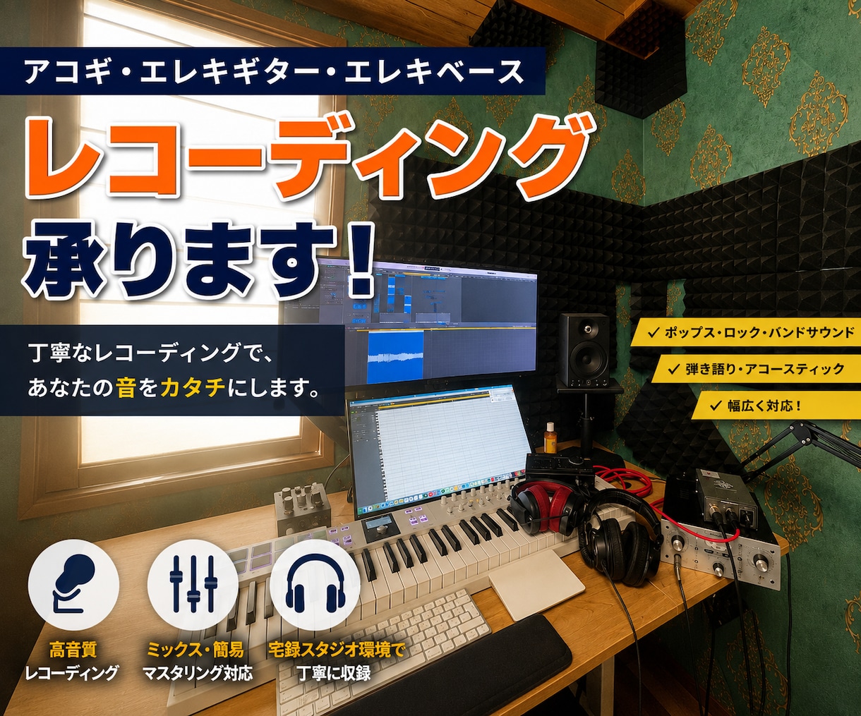 アコギ、エレキギター、エレキベース弾きます アコギ、エレキギター、エレキベースのレコーディングします! イメージ1