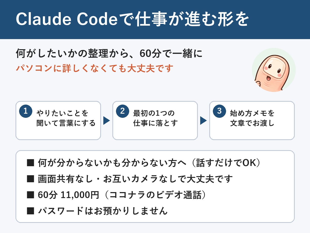 Claude Codeで仕事が進む形を作ります 何がしたいかの整理から。PCに詳しくなくても大丈夫 イメージ1