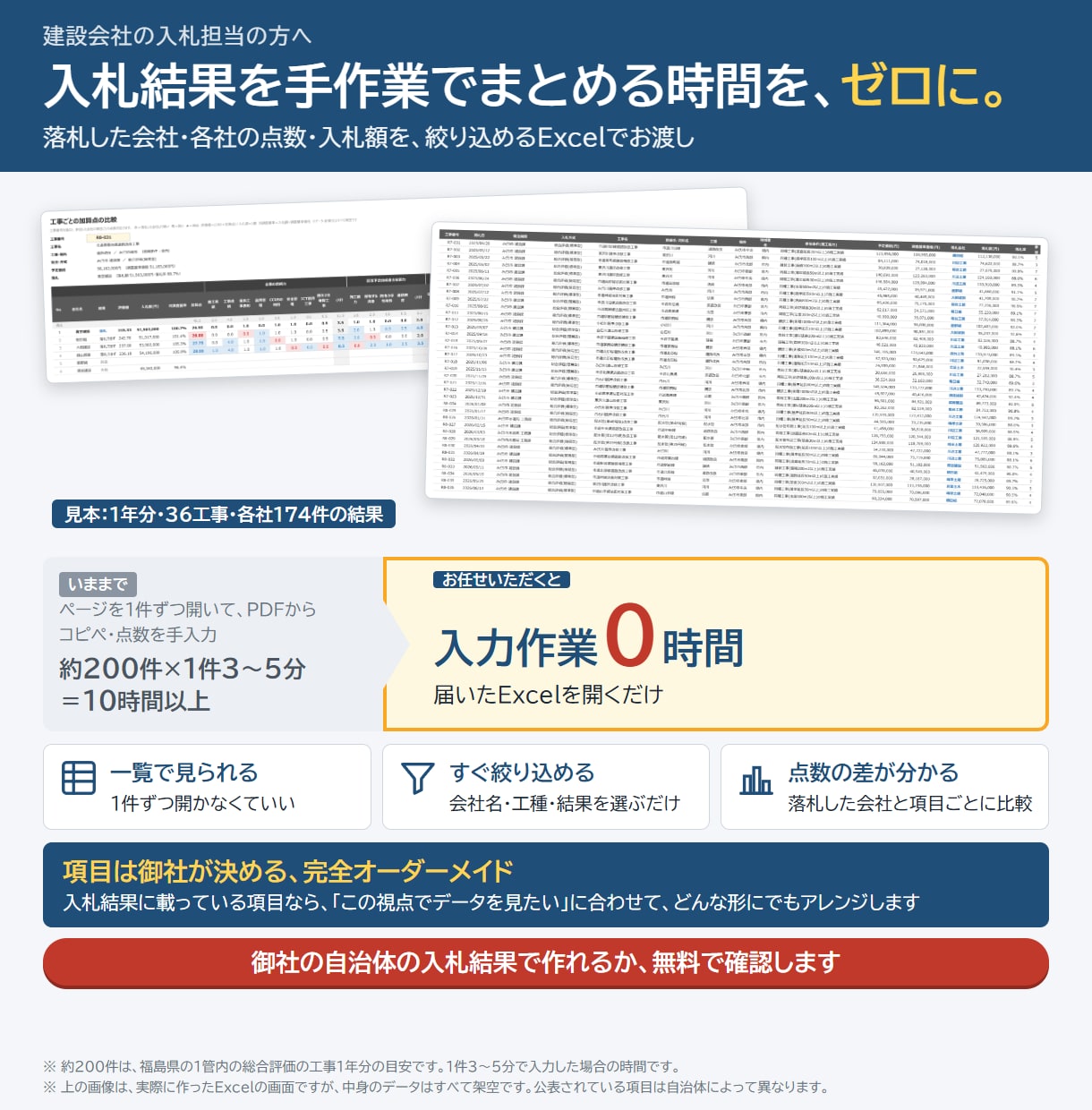 建設業｜総合評価の入札結果をExcelにまとめます 評価点の内訳・他社との点差まで。会社・工事で絞り込み・比較 イメージ1
