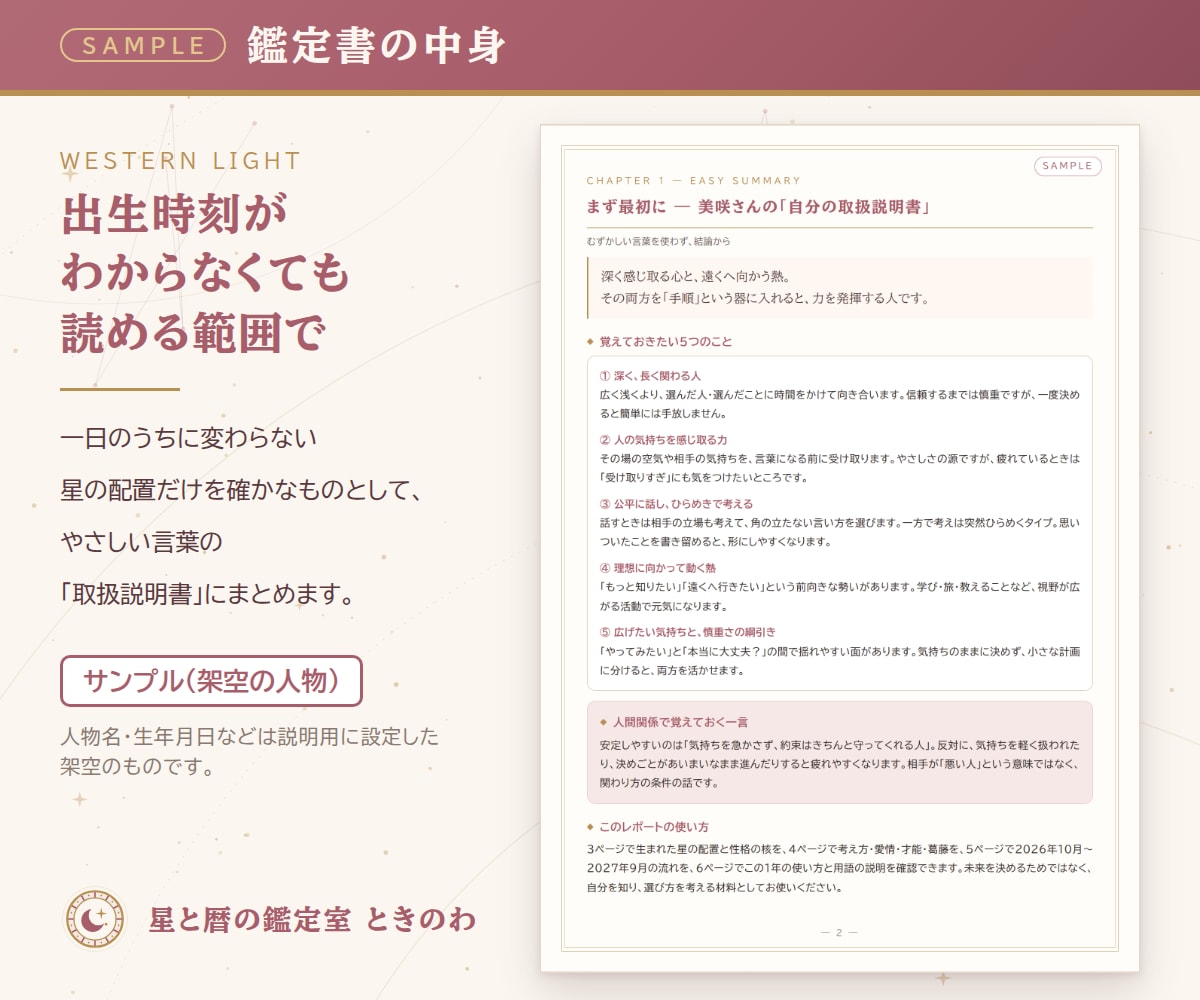 星座と今後1年の流れを鑑定書にまとめます 出生時刻が不明でもOK｜西洋占星術ライト鑑定書PDFで提供 イメージ2