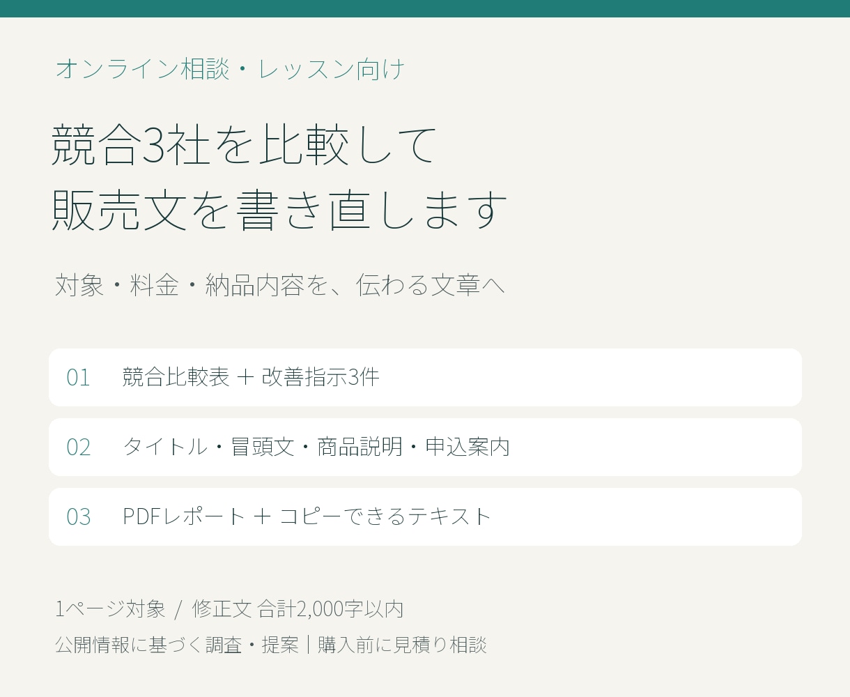 競合比較で相談サービスの販売文を書き直します 対象・料金・納品内容が伝わる、掲載用の説明文へ イメージ1