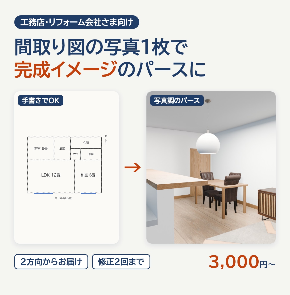 間取り図の写真から完成イメージのパースを作ります 工務店・リフォーム会社さま向け｜手書きの図面でも大丈夫です イメージ1