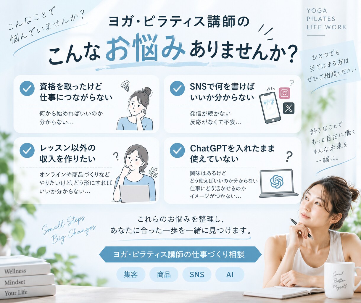 ヨガ・ピラティス講師の仕事づくりを整理します 集客・商品づくり・SNS・AI活用まで60分で整理 イメージ2